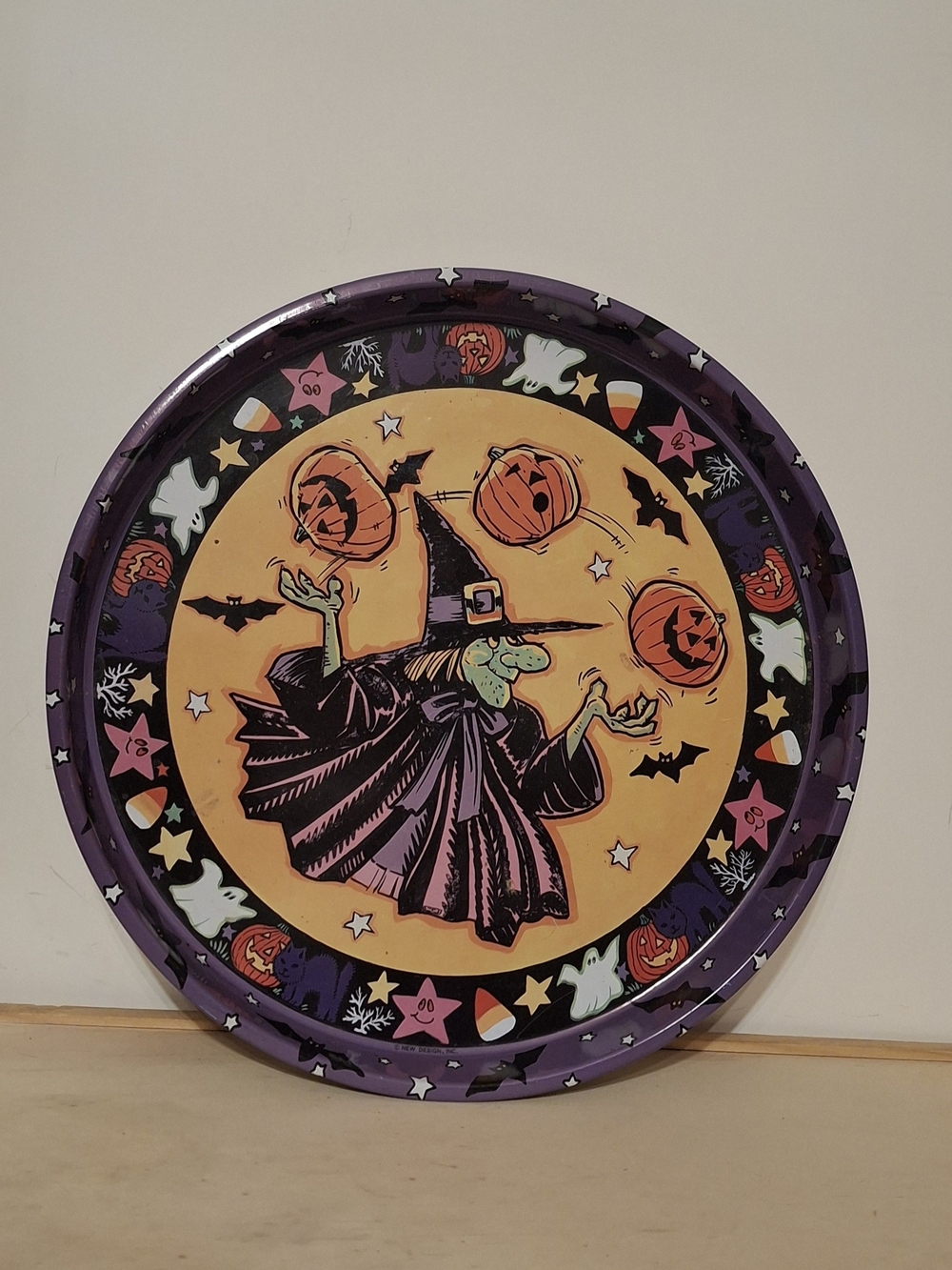 Vintage Halloween Metal Serving Tray 12" Witch Juggling Pumpkins JSNY 1980s 1990